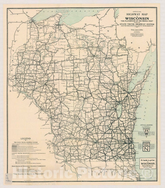 Map : Wisconsin 1924, Official highway map of Wisconsin : |"|"The playground of the middle west|"|" , Antique Vintage Reproduction