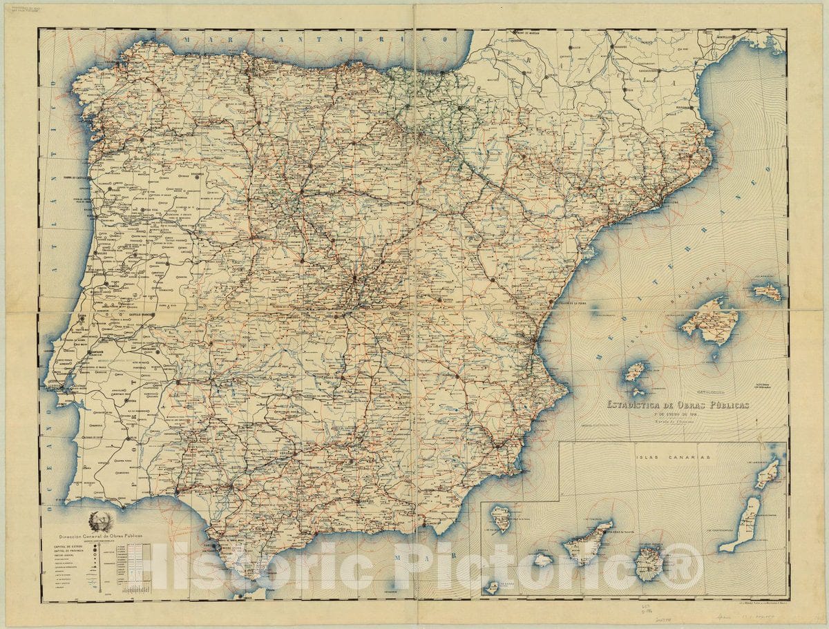Map : Spain 1916, Estadistica de obras publicas 1. de enero de 1916 , Antique Vintage Reproduction