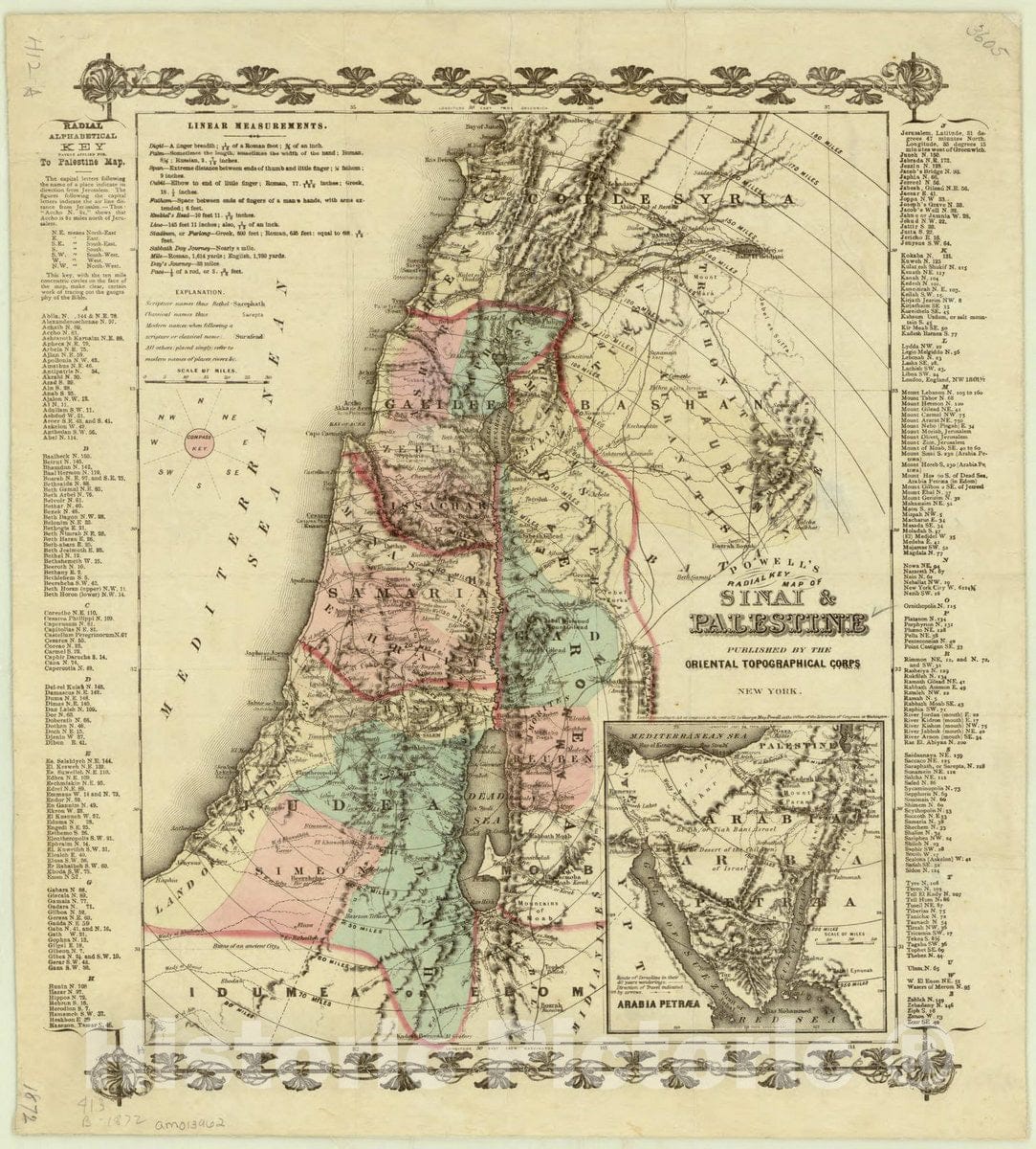 Map : Palestine 1872, Powell's radial key map of Sinai & Palestine , Antique Vintage Reproduction