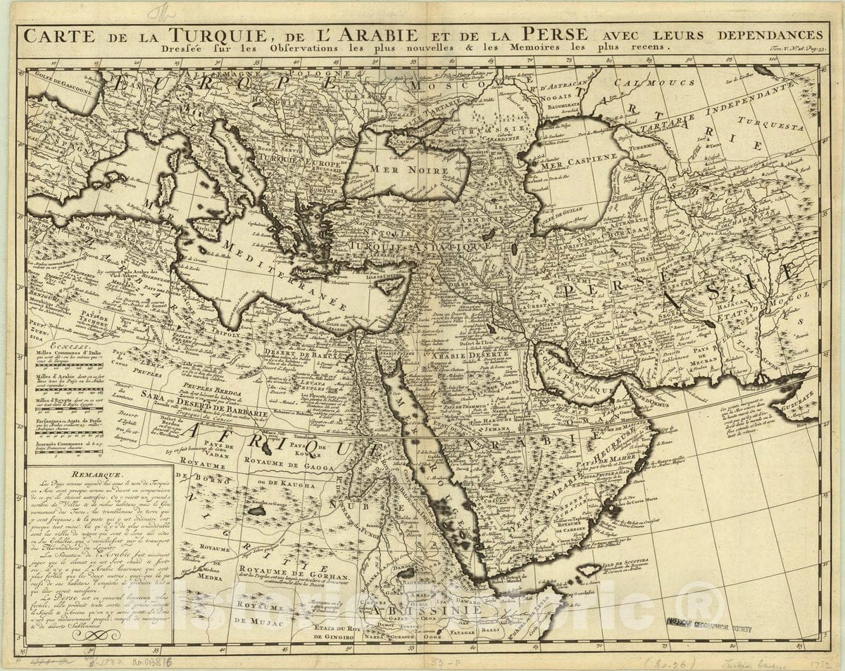 Map : Middle East 1732, Carte de la Turquie, de l'Arabie et de la Perse avec leurs dependances , Antique Vintage Reproduction