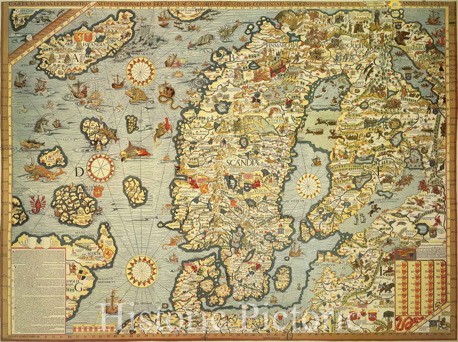 Map : Scandinavia 1539 1989, Olaus Magnus' carta marina Scandinavia 1539, Antique Vintage Reproduction