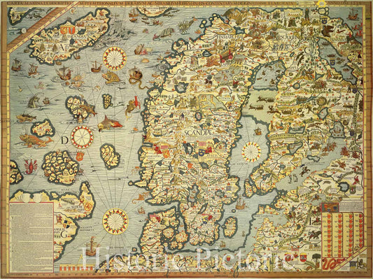 Map : Scandinavia 1539 1989, Olaus Magnus' carta marina Scandinavia 1539, Antique Vintage Reproduction