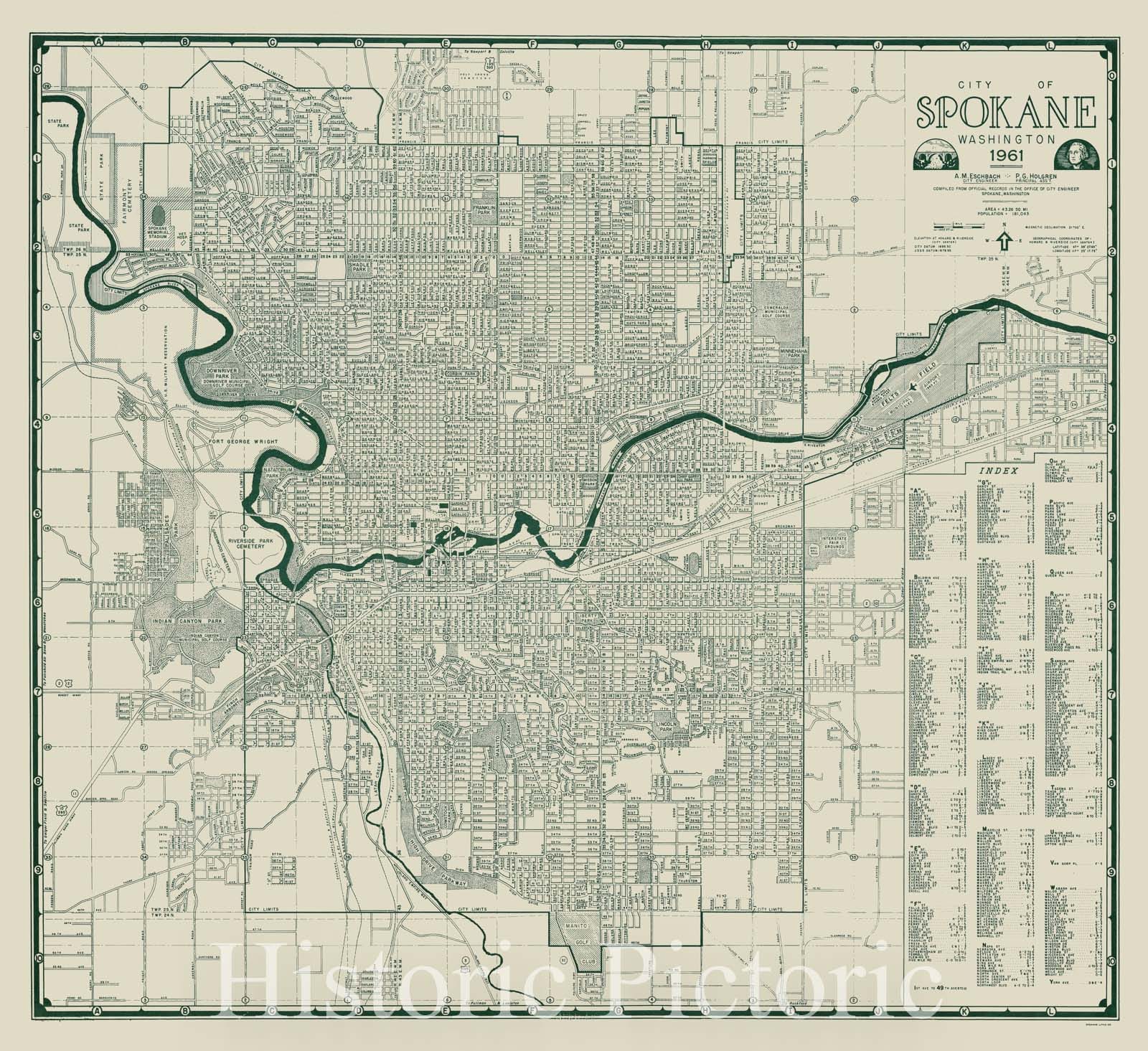 Map : Spokane, Washington, 1961, City of Spokane, Washington, 1961 , Antique Vintage Reproduction