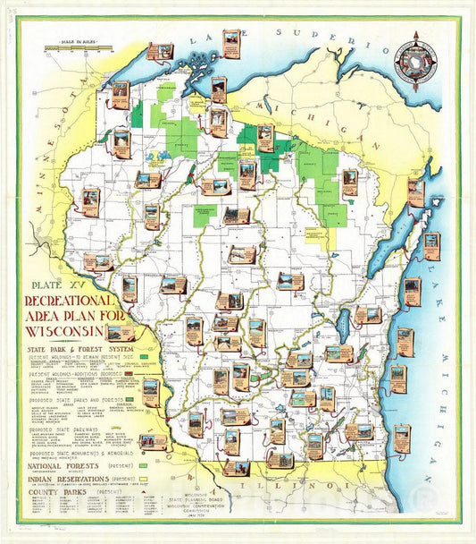 Map : Wisconsin 1939 5, Recreational area plan for Wisconsin , Antique Vintage Reproduction