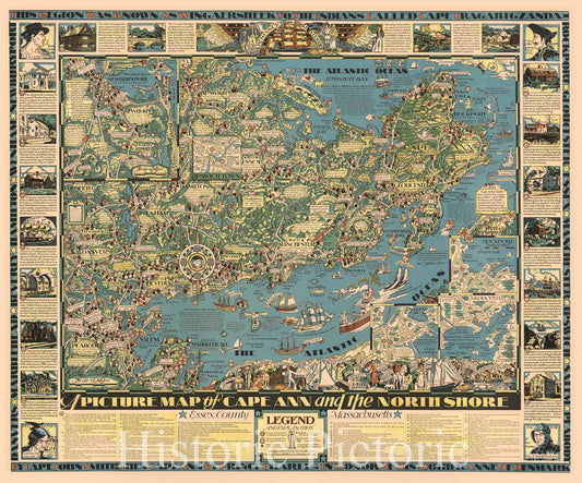 Map : Cape Ann Region, Massachusetts 1934, A picture map of Cape Ann and the north shore , Antique Vintage Reproduction