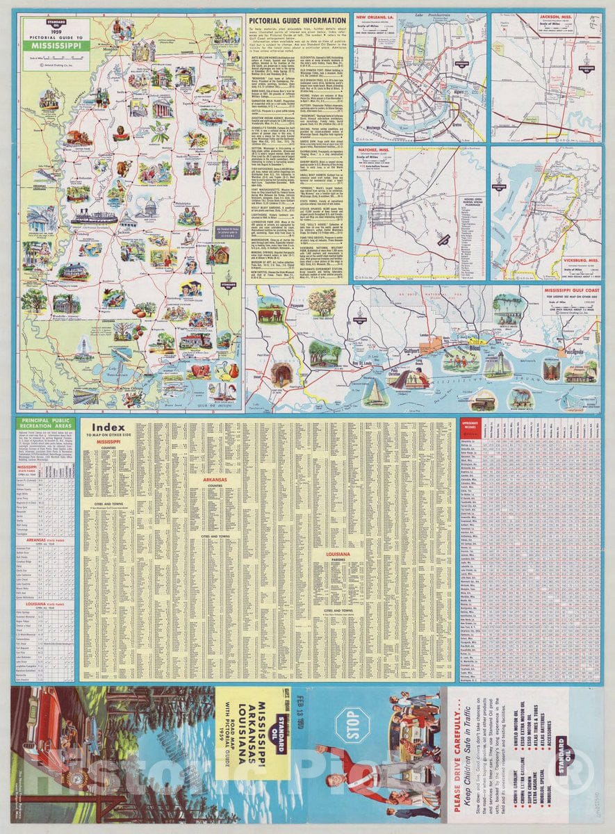 Map : Mississippi, Arkansas, Louisiana 1958 2, Standard Oil 1959 Mississippi, Arkansas, Louisiana , Antique Vintage Reproduction