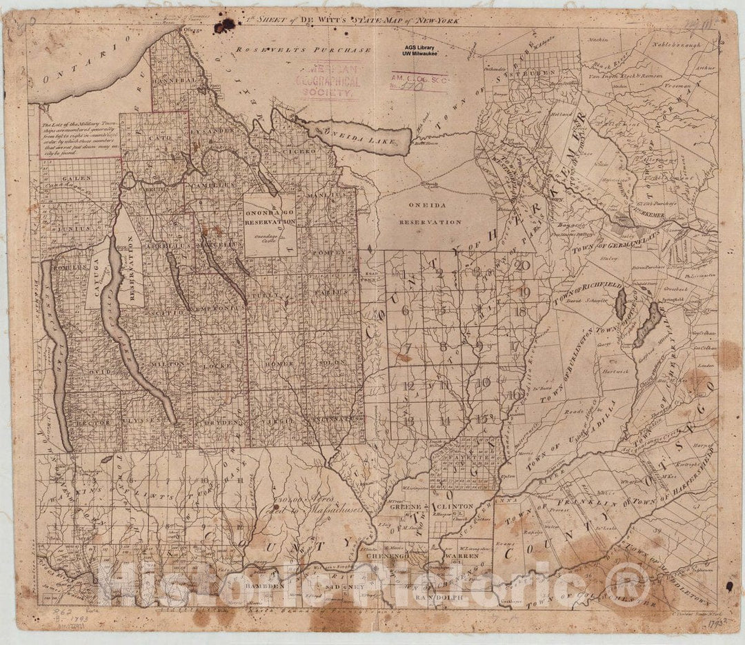 Map : New York 1793?, 1st sheet of De Witt's State-map of New-York , Antique Vintage Reproduction