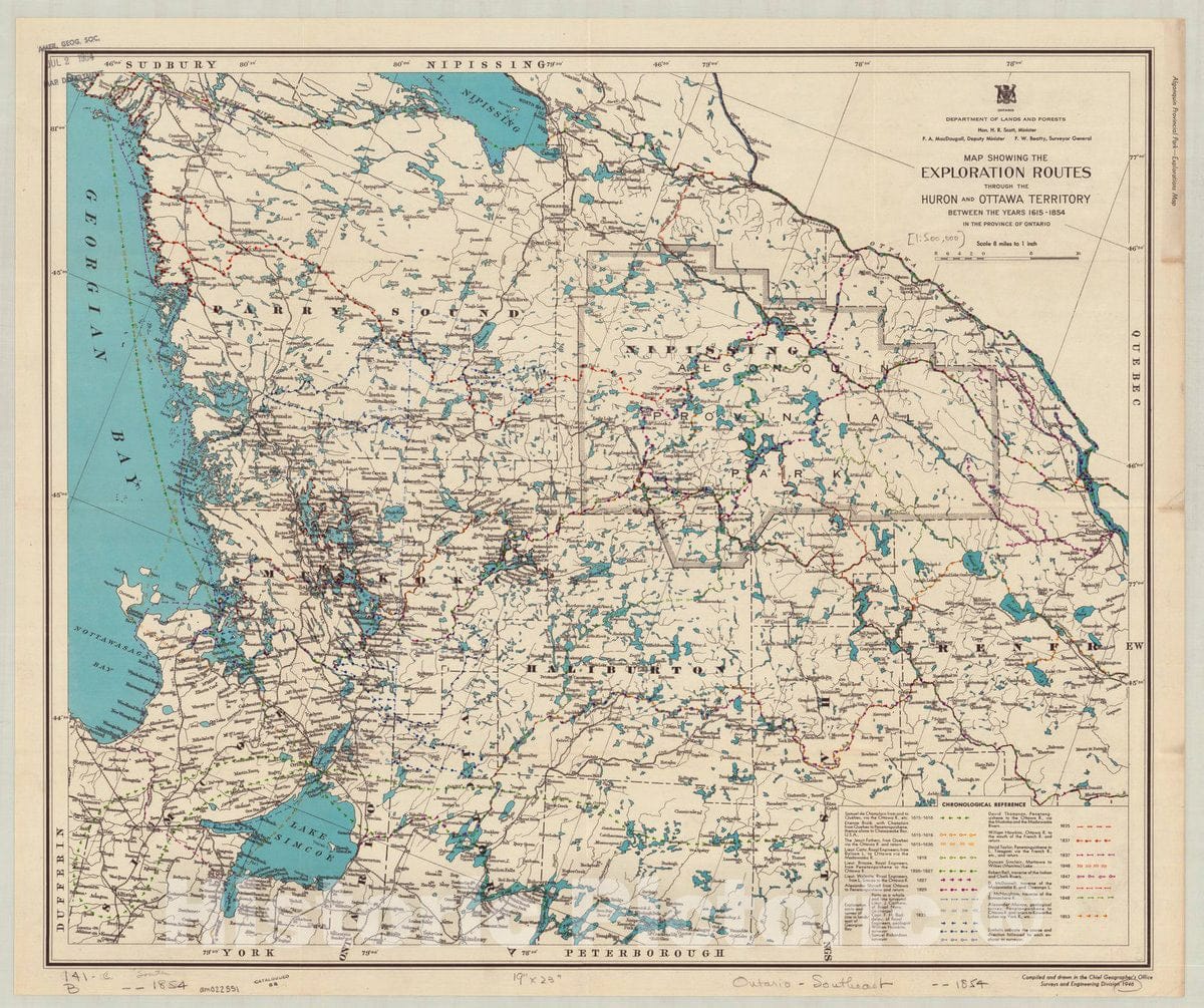 Map : Ontario, Canada 1615 1946, Map showing the exploration routes through the Huron and Ottawa territory between the years 1615-1854 in the province of Ontario
