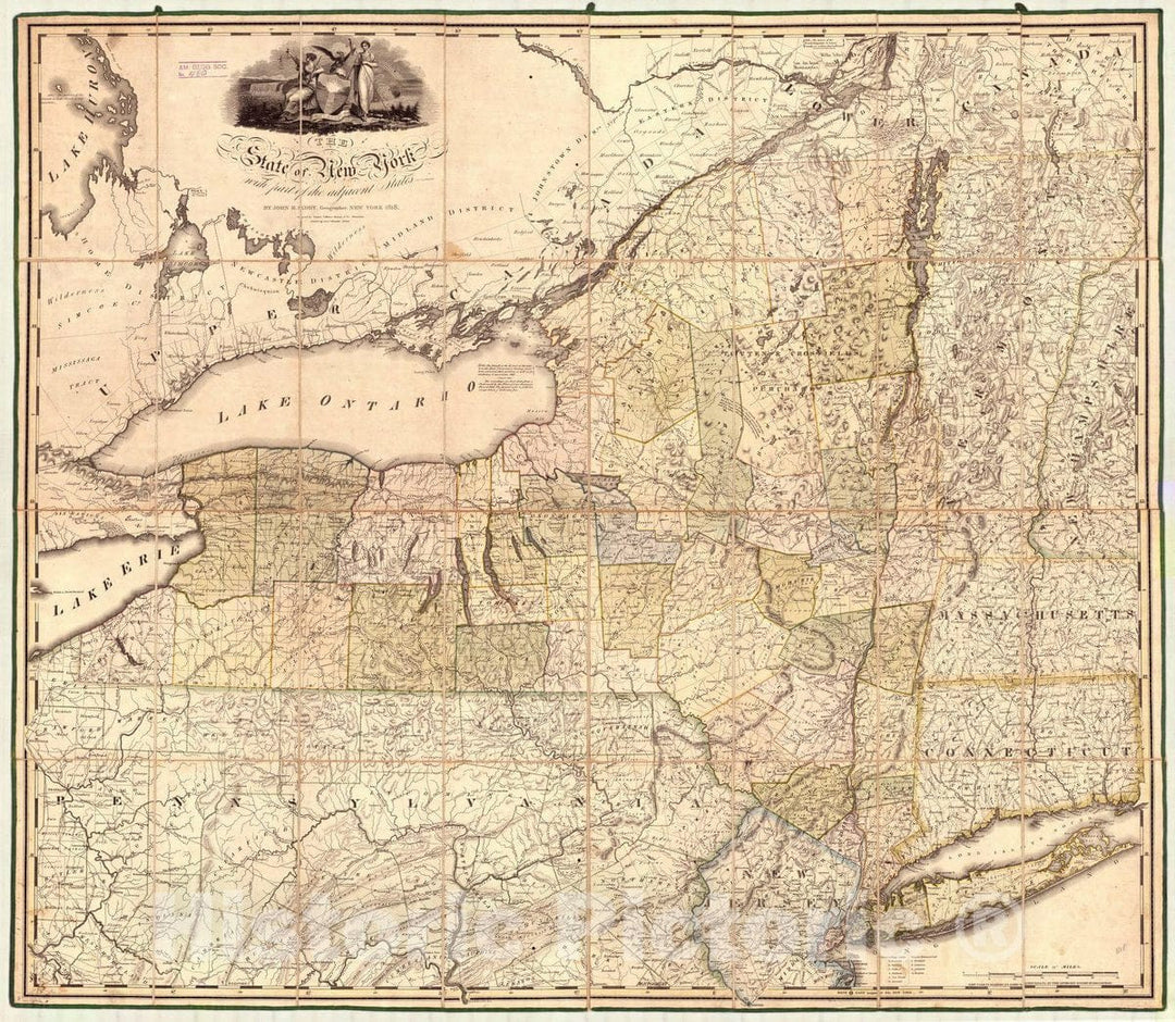 Map : New York 1818, The state of New York : with part of the adjacent states , Antique Vintage Reproduction
