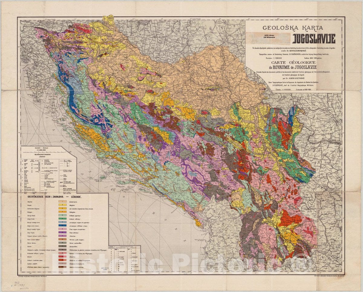 Map : Yugoslavia 1931, Geoloska karta Kraljevine Jugoslavije , Antique Vintage Reproduction