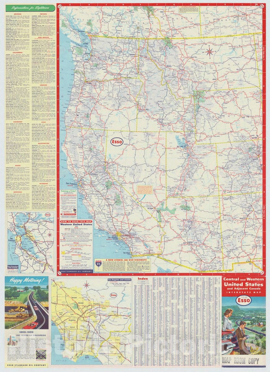 Map : United States 1959 1, Central and western United States and adjacent Canada interstate map , Antique Vintage Reproduction