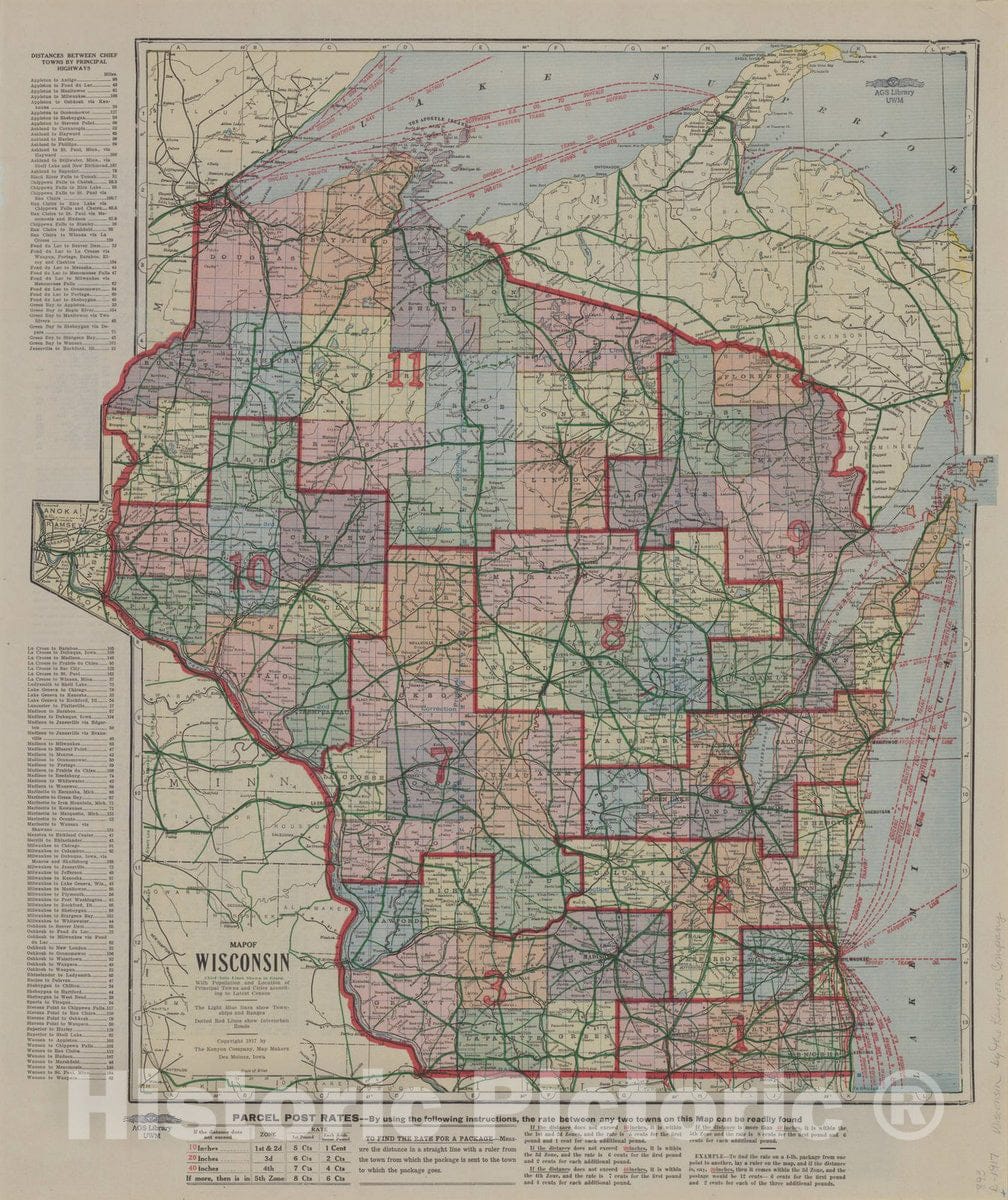 Map : Wisconsin 1917, Map of Wisconsin : with population and location of principal towns and cities according to the latest census , Antique Vintage Reproduction