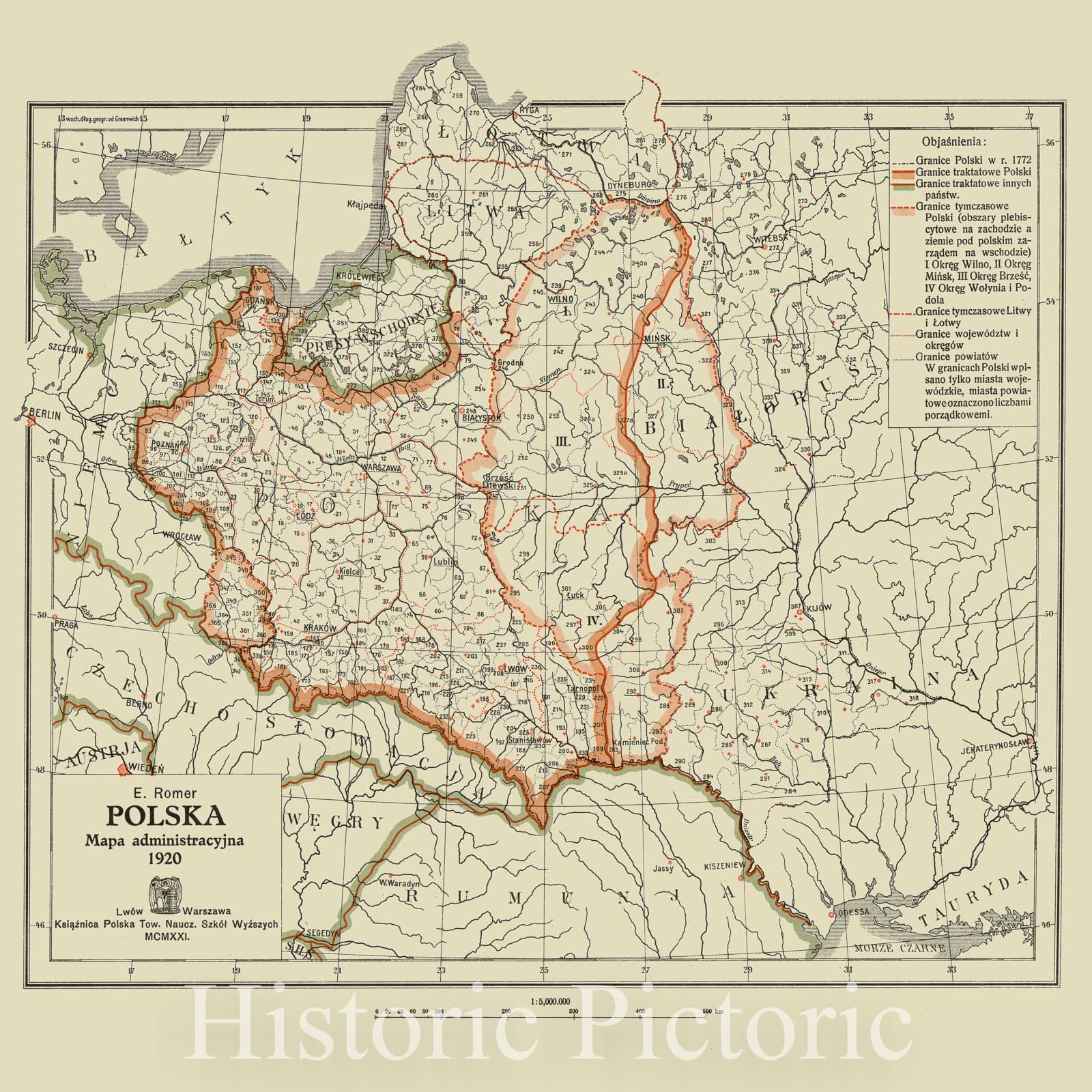 Map : Poland 1921, Polska mapa administracyjna 1920, Antique Vintage Reproduction