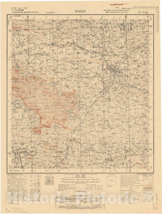 Map : Hazaribagh, & Manbhum Districts, Bihar, No. 73 I/S.W. 1929, India and adjacent countries, Antique Vintage Reproduction