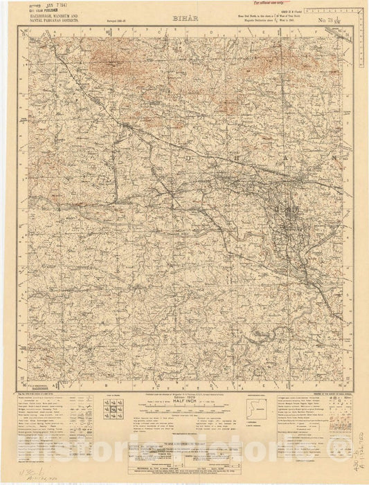 Map : Hazaribagh, Manbhum and Santal Parganas District, Bihar, No. 73 I/N.W. 1929, India and adjacent countries, Antique Vintage Reproduction