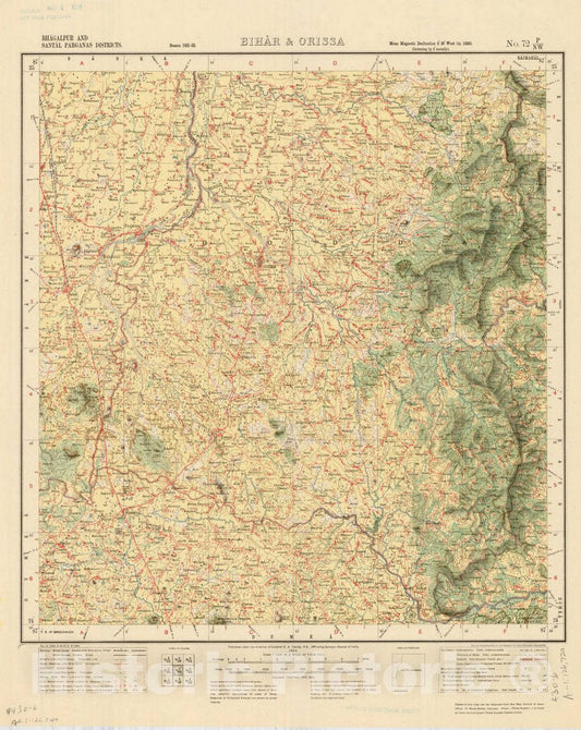 Map : Bhagalpur and Santal Parganas Districts, Bihar & Orissa, No. 72 P/N.W. 1924, India and adjacent countries, Antique Vintage Reproduction