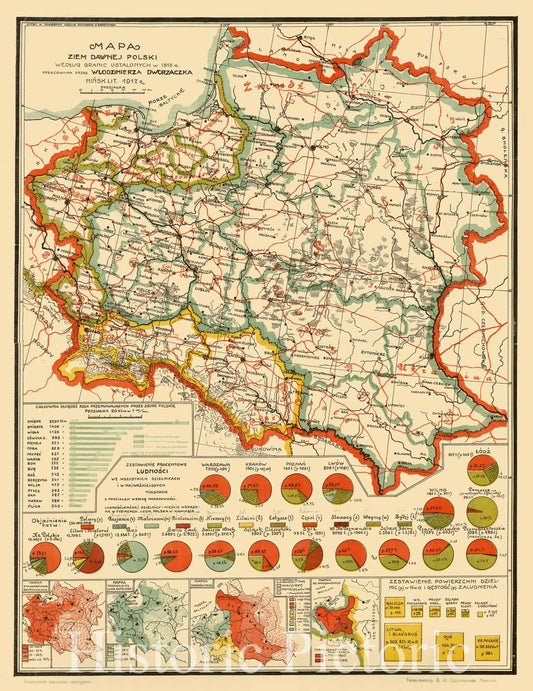Historic Map : Poland 1917, Mapa ziem dawnej Polski wedtug granic ustalonych w 1815 r. opracowana przez wlodzimierza dworzaczka minsk lit. 1917 r. , Antique Vintage Reproduction