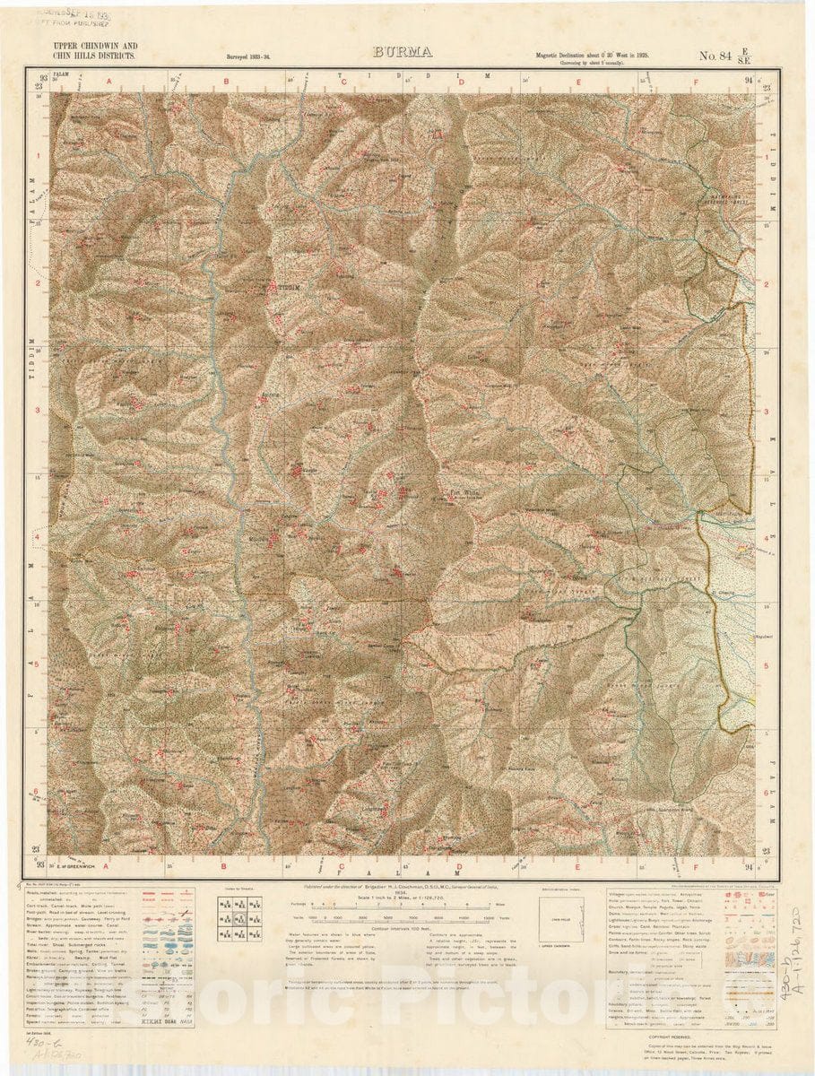 Map : Upper Chindwin and Chin Hills Districts, Burma, No. 84 E/S.E. 1934, India and adjacent countries, Antique Vintage Reproduction