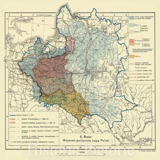 Map : Poland 1916, Wojenno-polityczna mapa Polski : z powodu Manifestu z 5 listopada 1916 , Antique Vintage Reproduction