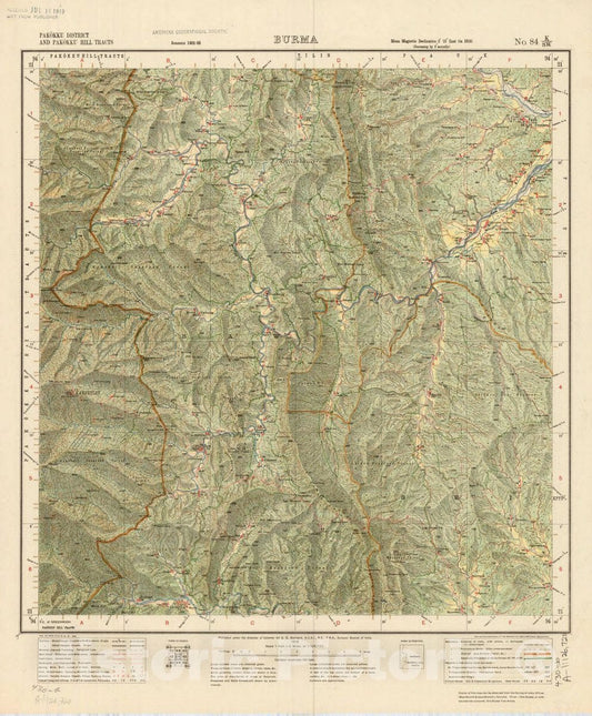 Map : Pakokku District and Pakokku Hill Tracts, Burma, No. 84 K/S.W. 1918, India and adjacent countries, Antique Vintage Reproduction