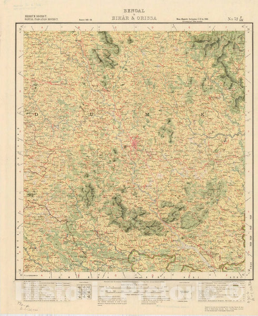 Map : Birbhum District, Santal Parganas District, Bengal & Bihar & Orissa, No. 72 P/S.W. 1925, India and adjacent countries, Antique Vintage Reproduction