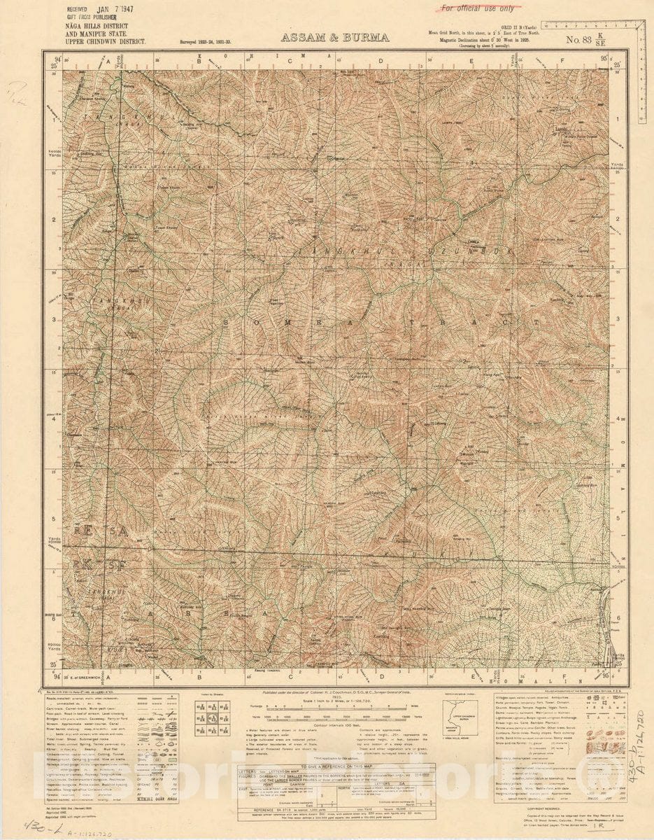 Map : Naga Hills District and Manipur State, Upper Chindwin District, Assam & Burma, No. 83 K/S.E. 1933 2, India and adjacent countries, Antique Vintage Reproduction