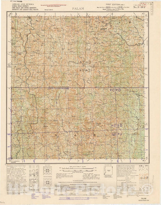 Map : Assam and Burma, Lushai Hills District, Chin Hills and Upper Chindwin Districts and Arakan Hill Tracts, Falam, No. 84 F 1942, India 1:253,440