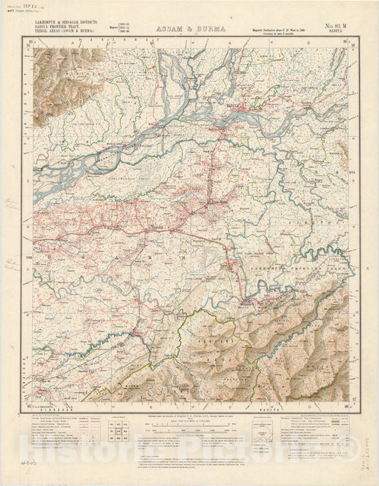 Map : Lakhimpur & Sibsagar Districts, Sadiya Frontier Tract, Tribal areas (Assam & Burma) No. 83 M 1930, India 1:253,440, Antique Vintage Reproduction