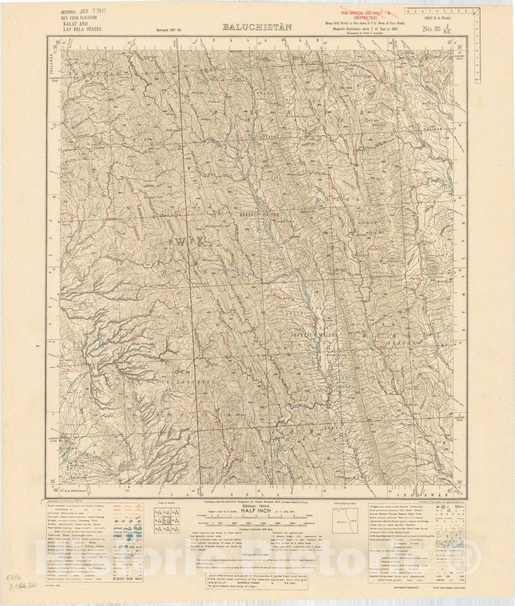 Map : Kalat and Las Bela States, Baluchistan, No. 35 J/S.E. 1944, India and adjacent countries, Antique Vintage Reproduction
