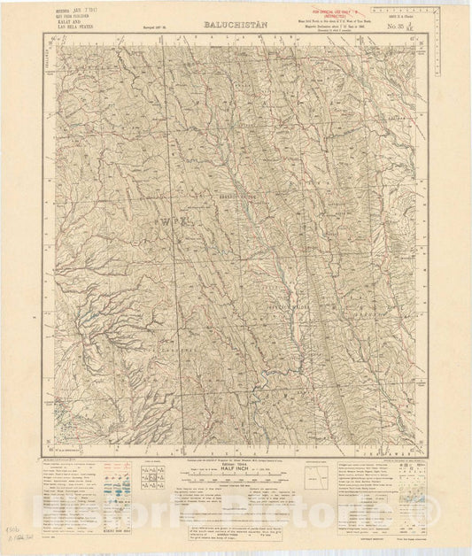 Map : Kalat and Las Bela States, Baluchistan, No. 35 J/S.E. 1944, India and adjacent countries, Antique Vintage Reproduction
