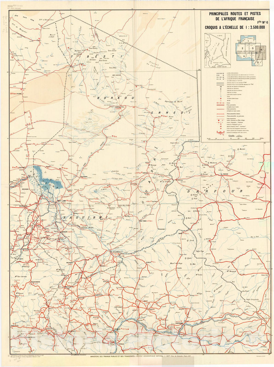 Map : Africa 1949 4, Principales routes et pistes de l'Afrique Francaise , Antique Vintage Reproduction