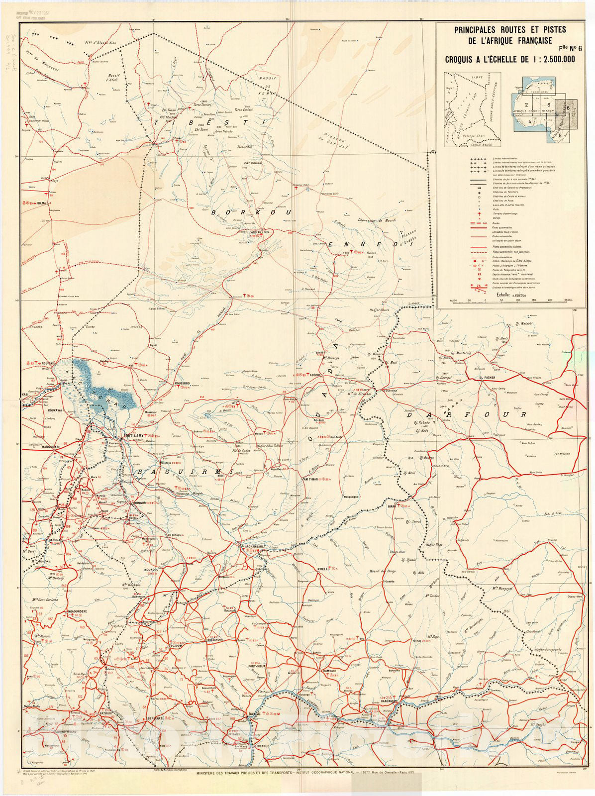 Map : Africa 1949 4, Principales routes et pistes de l'Afrique Francaise , Antique Vintage Reproduction