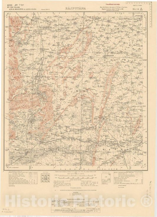 Map : Alwar, Bharatpur & Jaipur States, Rajputana, No. 54 A/S.E. 1920 1, India and adjacent countries, Antique Vintage Reproduction