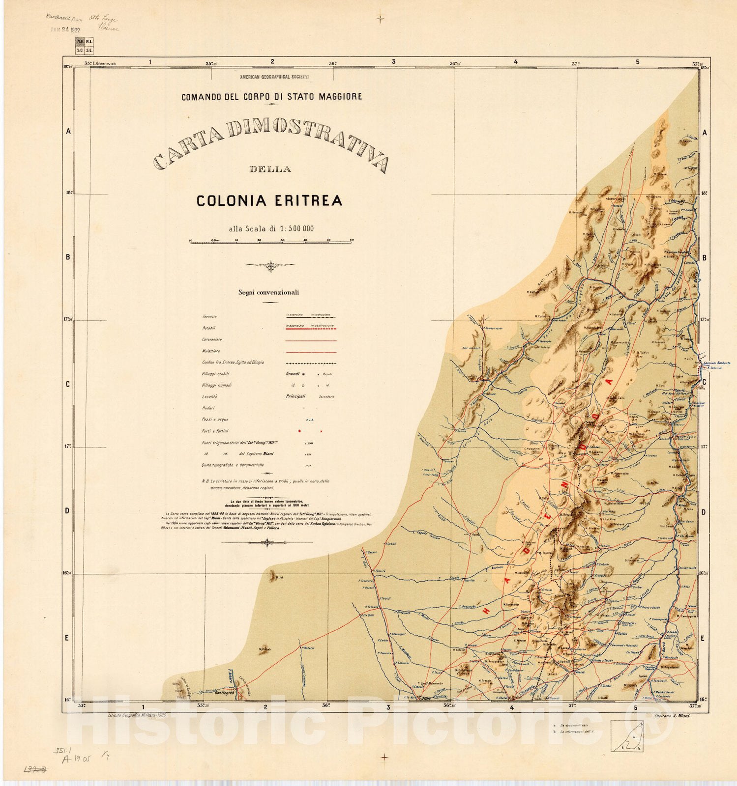 Map : Eritrea 1905 1, Carta dimostrativa della Colonia Eritrea , Antique Vintage Reproduction