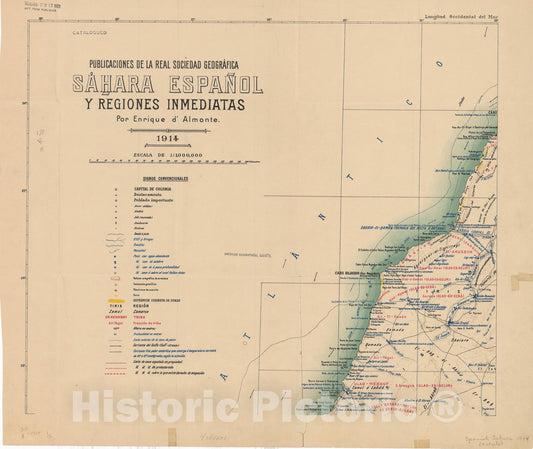 Map : Western Sahara 1914 1, Publicaciones de la Real Sociedad Geografica, Sahara espanol y regiones inmediatas , Antique Vintage Reproduction