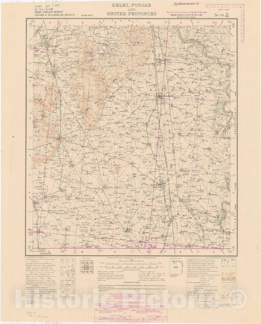 Map : Delhi, Gurgaon District, Aligarh & Bulandshahr Districts, Delhi, Punjab and United Provinces, No. 53 H/S.W. 1942, India and adjacent countries