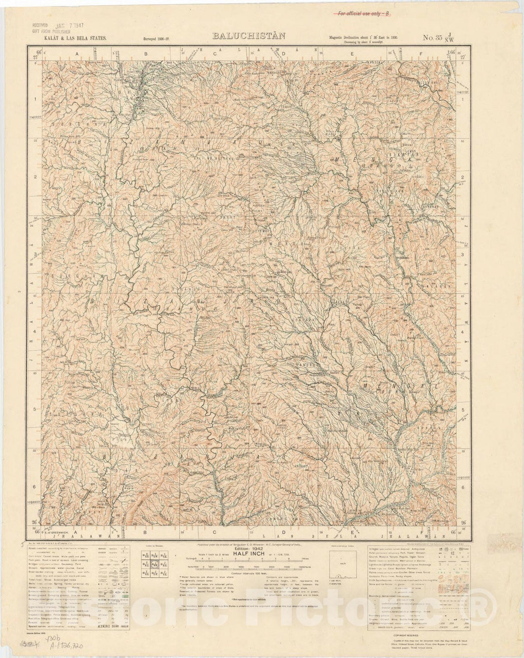 Map : Kalat & Las Bela States, Baluchistan, No. 35 J/N.W. 1942, India and adjacent countries, Antique Vintage Reproduction