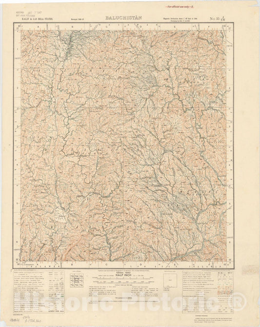 Map : Kalat & Las Bela States, Baluchistan, No. 35 J/N.W. 1942, India and adjacent countries, Antique Vintage Reproduction