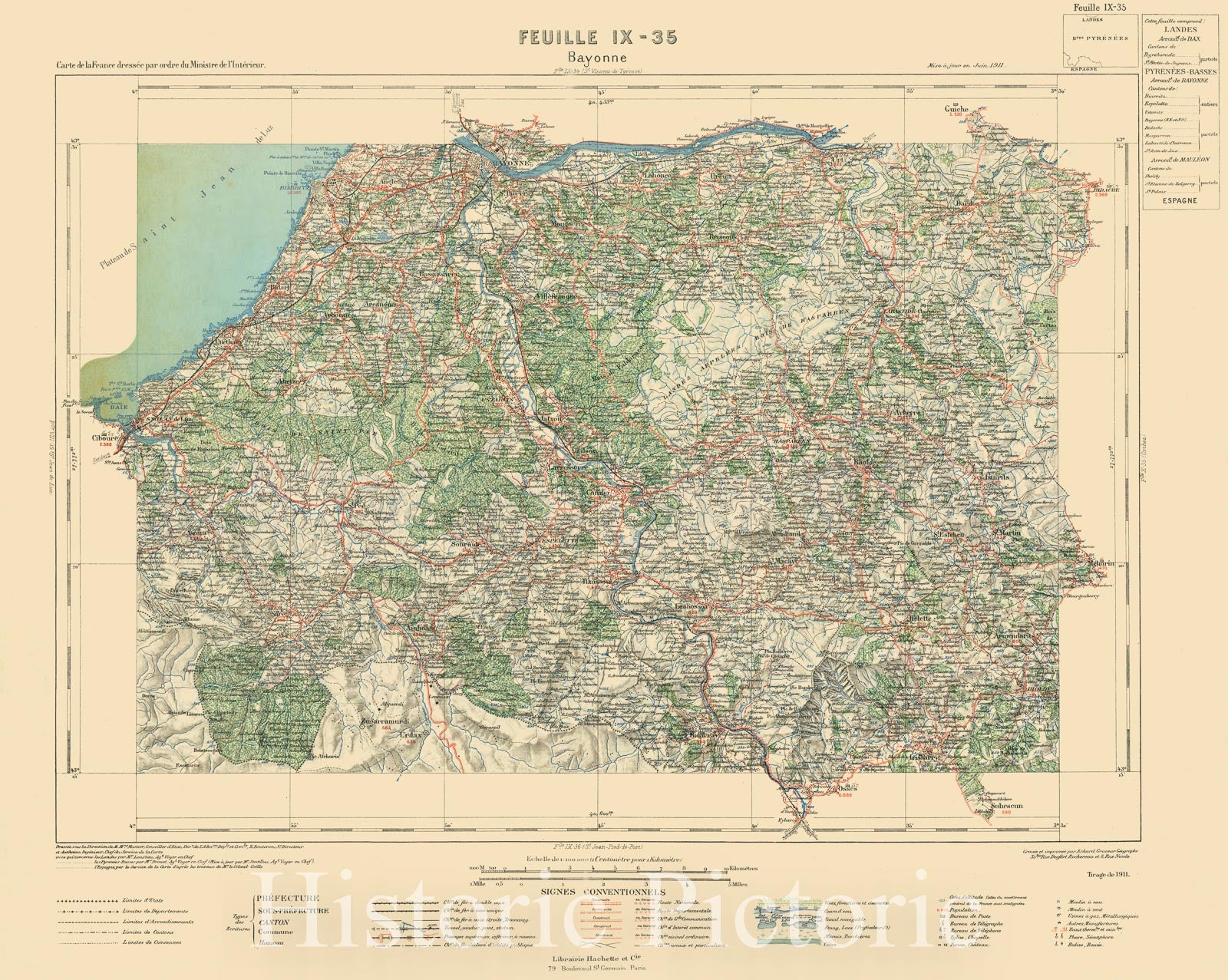 Map : Bayonne, France 1911, France 1:100,000. Carte de la France dressee par ordre du Ministre de l'Interieur., Antique Vintage Reproduction