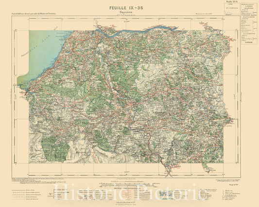 Map : Bayonne, France 1911, France 1:100,000. Carte de la France dressee par ordre du Ministre de l'Interieur., Antique Vintage Reproduction