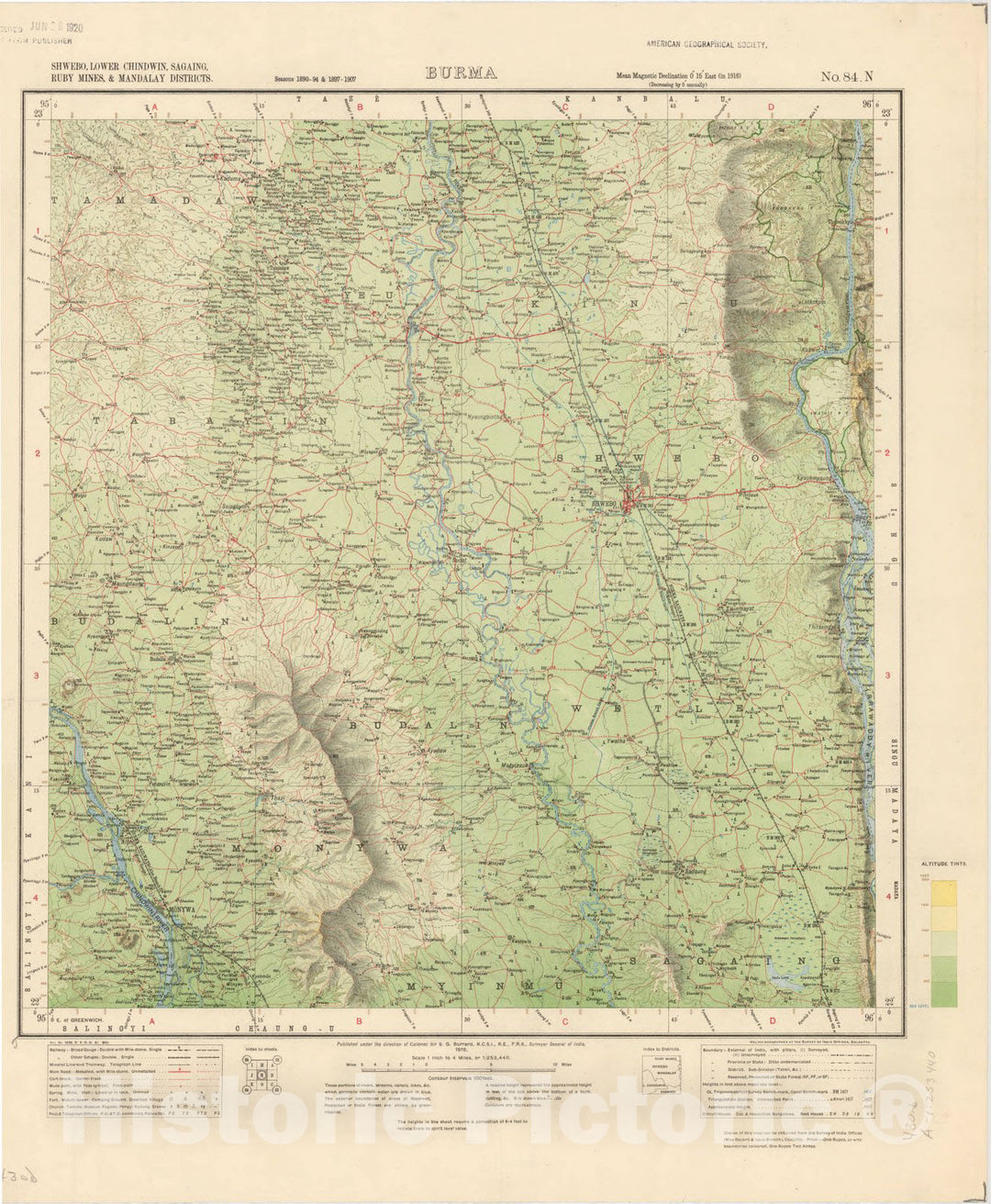 Map : Shwebo, Lower Chindwin, Sagaing, Ruby Mines & Mandalay Districts, Burma, No. 84 N 1918, India 1:253,440, Antique Vintage Reproduction