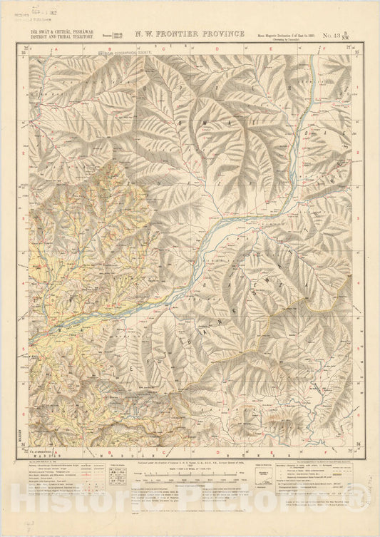 Historic Map : Dir Swat & Chitral, Pehsawar District and Tribal Territory, N.W. Frontier Province, No. 43 B/N.W. 1921, India and adjacent countries, Antique Vintage Reproduction
