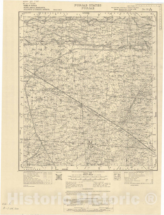 Map : Nabha & Patiala States, Ambala, Hoshiarpur, Jullundur & Ludhiana Districts, Punjab States, Punjab No. 53 B/N.W. 1943, India and adjacent countries