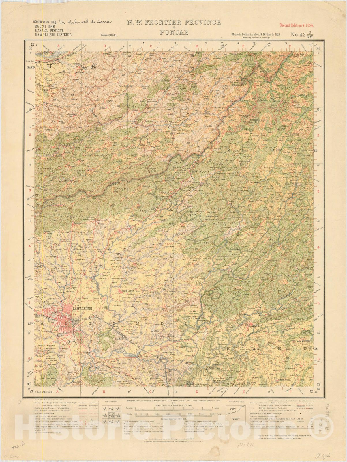 Map : Hazara District, Rawalpindi District, N.W. Frontier Province & Punjab, No. 43 G/N.W. 1929, India and adjacent countries, Antique Vintage Reproduction