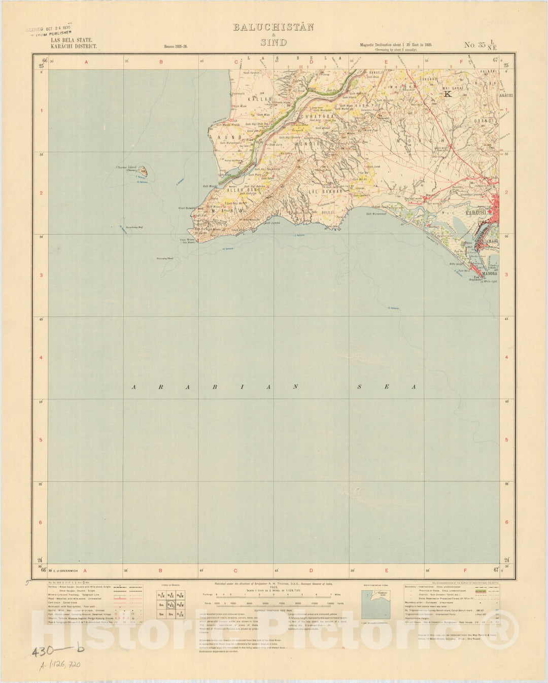 Map : Las Bela State, Karachi District, Baluchistan & Sind, No. 35 L/N.E. 1929, India and adjacent countries, Antique Vintage Reproduction