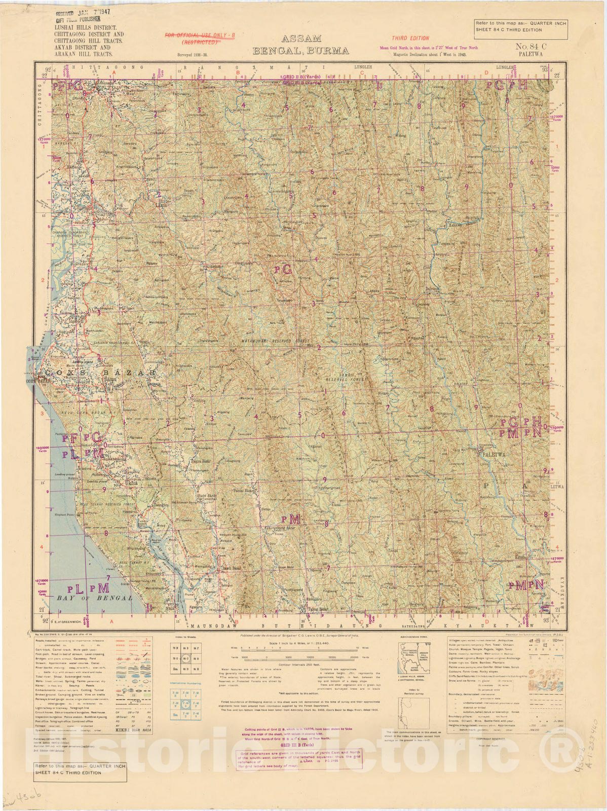 Map : Lushai Hills District, Chittagong District and Chittagong Hill Tracts, Akyab District and Arakan Hill Tracts, Assam, Bengal, Burma, No. 84 C Paletwa 1944,