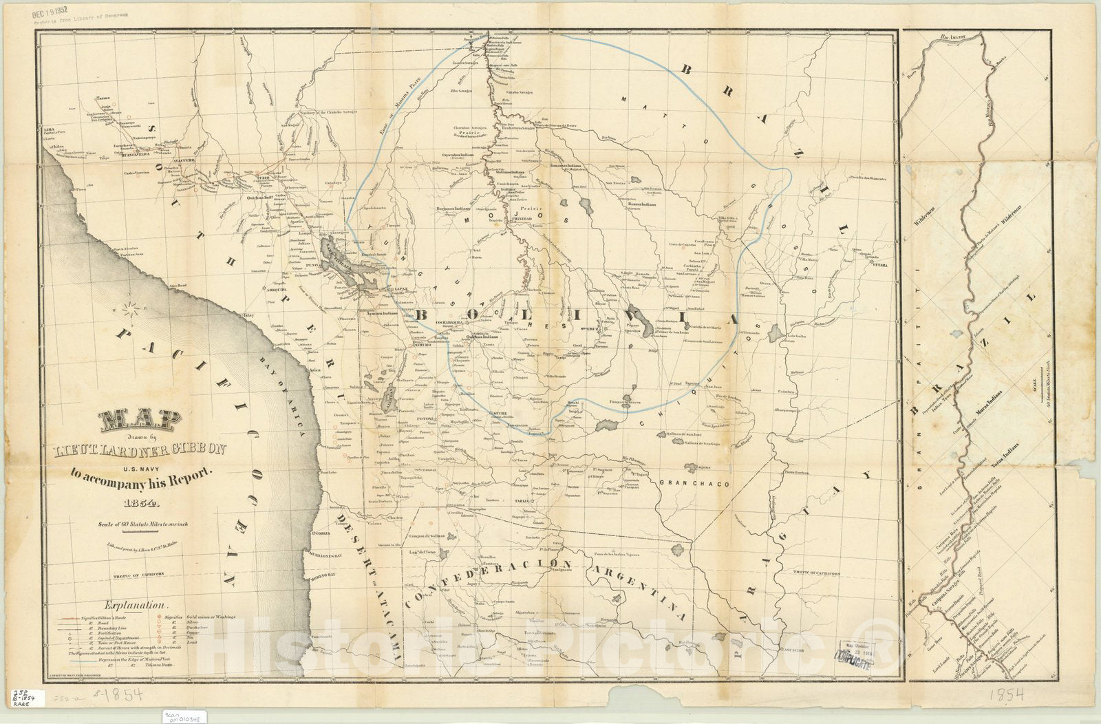 Map : Bolivia 1854, Map drawn by Lieut. Lardner Gibbon to accompany his Report, 1854, Antique Vintage Reproduction