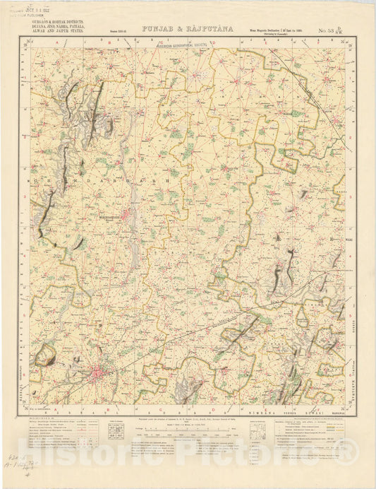Map : Gurgaon & Rohtak Districts, Dujana, Jind, Nabha, Patiala, Alwar and Jaipur States, Punjab & Rajputana No. 53 D/S.W. 1921, India and adjacent countries