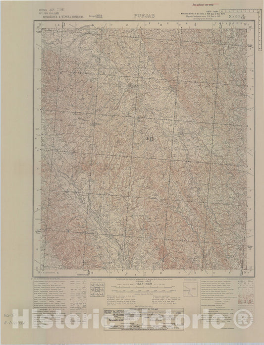 Map : Hoshiarpur & Kangra Districts, Punjab, No. 53 A/N.W. 1943, India and adjacent countries, Antique Vintage Reproduction