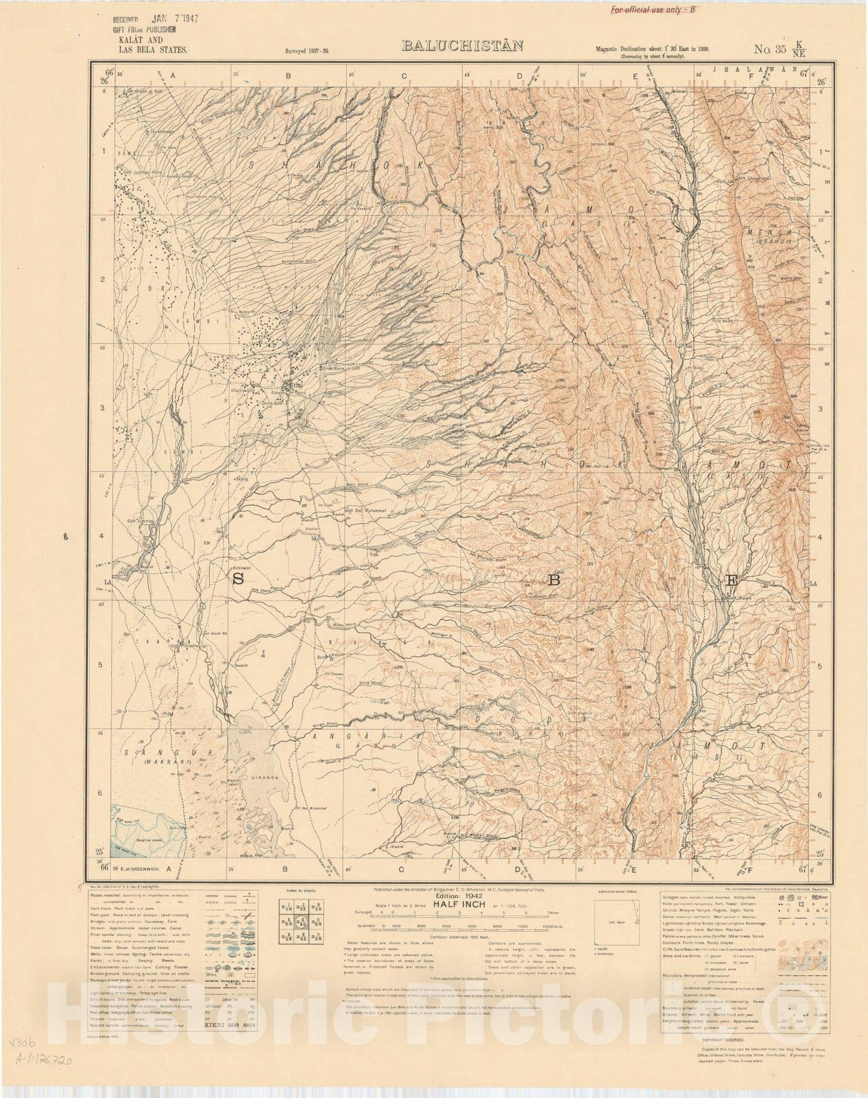 Map : Kalat and Las Bela States, Baluchistan, No. 35 K/N.E. 1942, India and adjacent countries, Antique Vintage Reproduction
